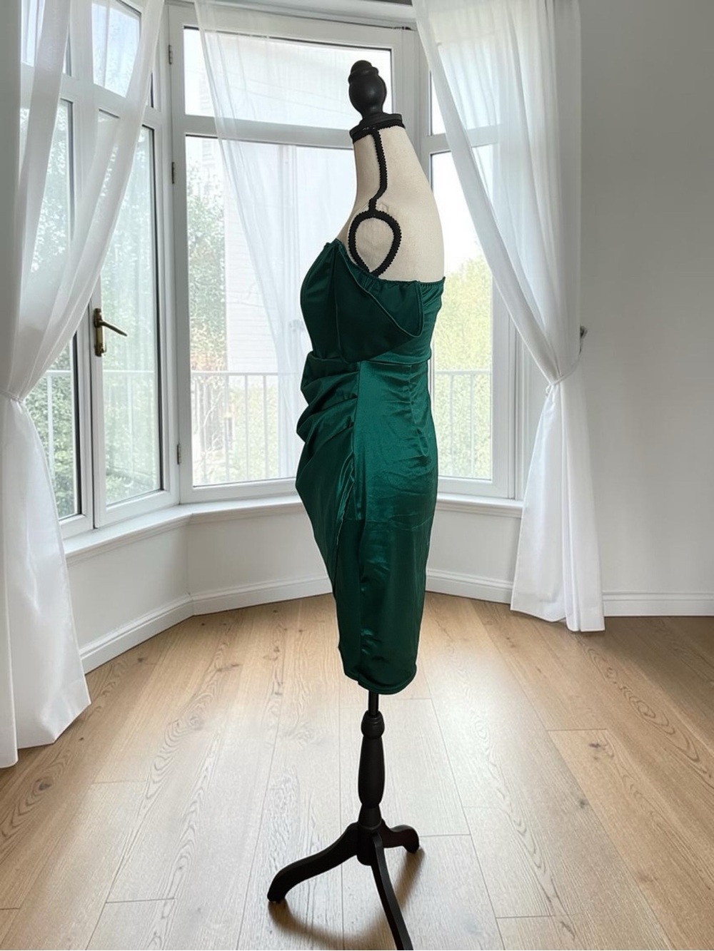 Emerald Off Shoulder Ruched Asymmetrical Hem Mini Dress M Corset Inspired Bodice - Picture 3 of 15